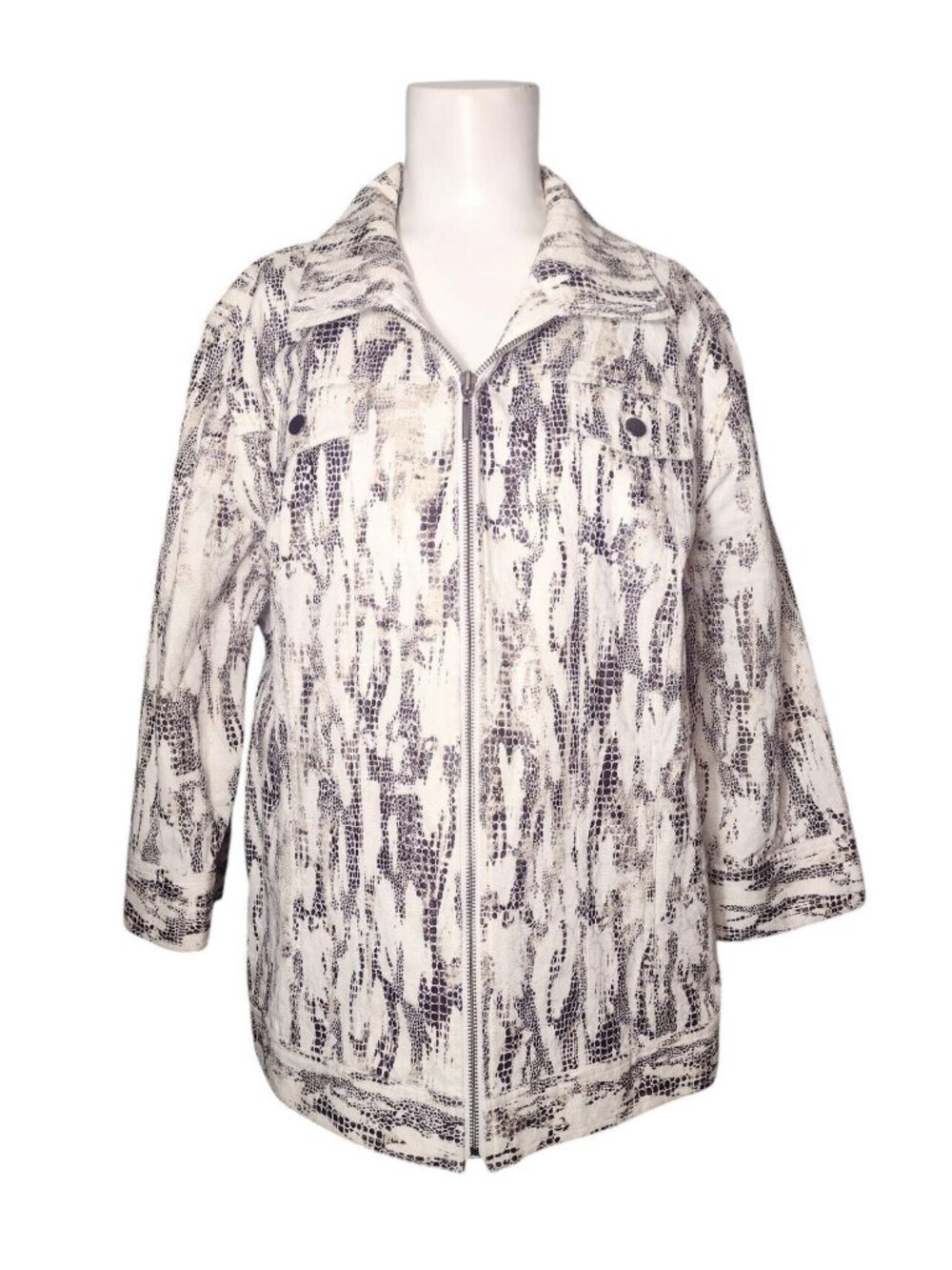 Chicos Animal Print Full Zip Canvas Jacket XL 3 Textured Flap Pocket Stretch